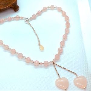 Handcrafted “Twin Hearts” Rose Quartz & 925 Necklace & Earring Set